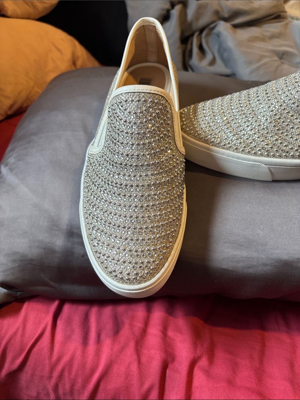 INC Crystal-Embellished Slip-On Flats in Cream. Size 9